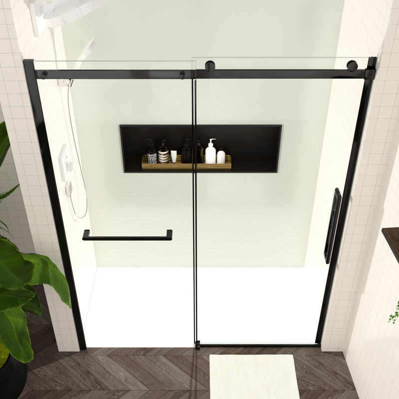 Porte de douche de salle de bain de l 56 à 60 po x H 76 po, verre trempé, noir mat, système coulissant lisse, surface facile à nettoyer, verre élément moderne de 76 po, montage, action, revêtement, sélection