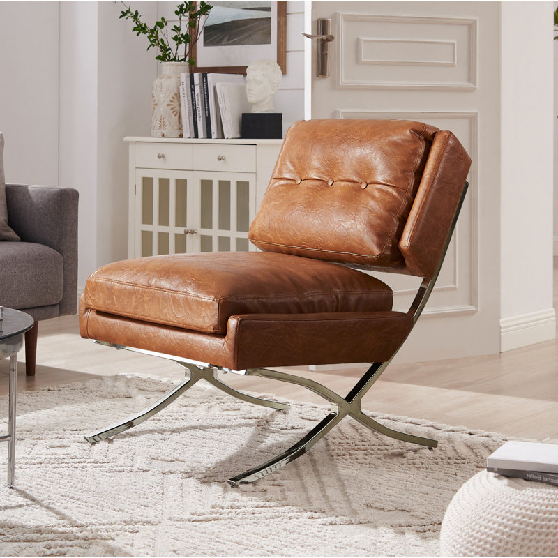 Charliee 26.38'' W Tufted Faux Leather Upholstered Accent Slipper Chair, Cognac Faux Leather