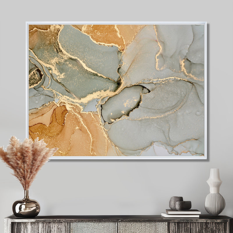 «Brown Luxury Abstract Fluid IV», peinture sur toile, H 30 po x l 40 po, Reproduction avec cadre flottant, Blanc