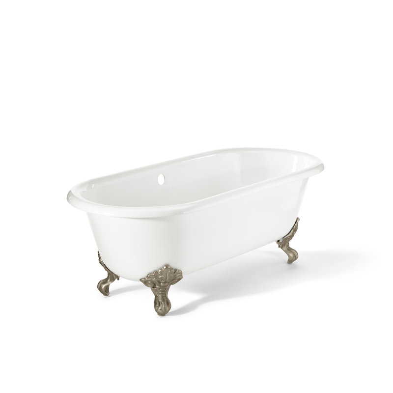 Regal 70'' L Soaking Bathtub, White, Continuous Rolled Rim - No Faucet Holes, Brushed Nickel Feet