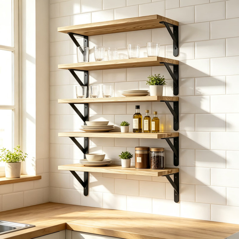 Étagères murales flottantes pour décoration intérieure, grain de bois naturel, supports triangulaires robustes, polyvalentes pour toute pièce, ensemble de 5