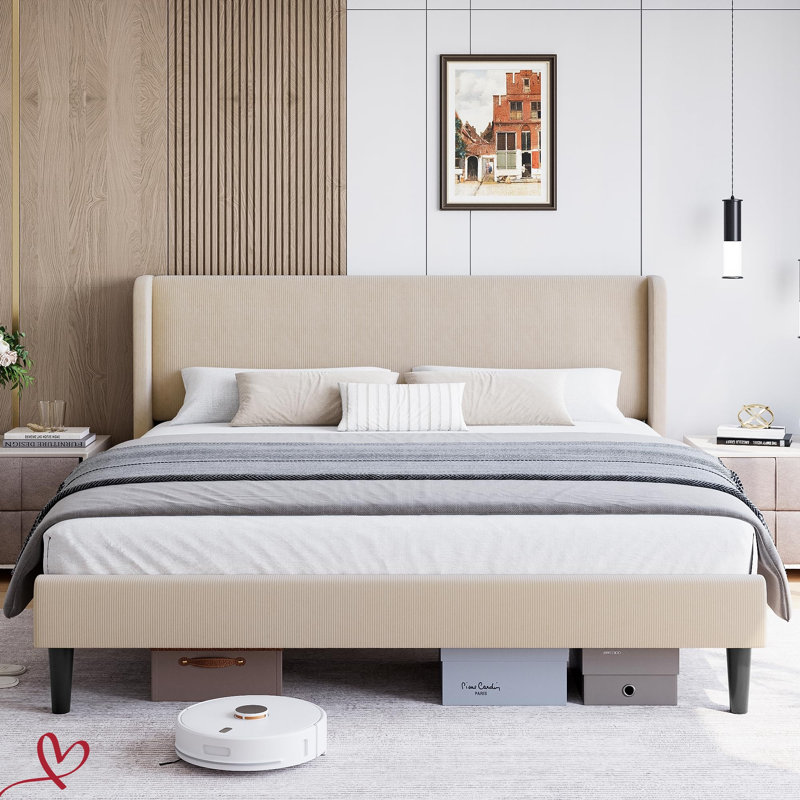 Lit plateforme double / grand / très grand avec lit tapissier en velours luxueux avec tête de lit à oreilles, support en lattes de bois sans sommier tapissier