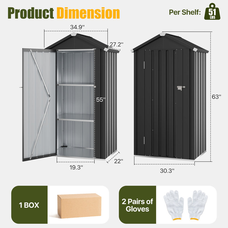 2.8 ft. W x 2.2 ft. D Metal Vertical Storage Shed Outdoor Lockable