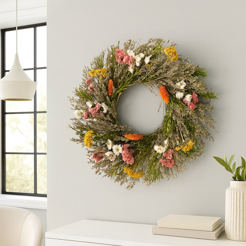 Preserved Botanical Wreath – Natural Mixed Blooms, 14" W x 14" H x 3" D