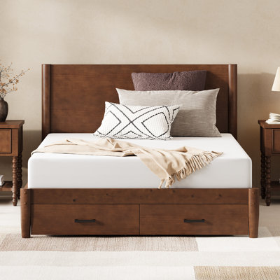 Lit plateforme Queen en bois massif de style Mid-Century avec tiroirs de rangement sous le lit, noyer