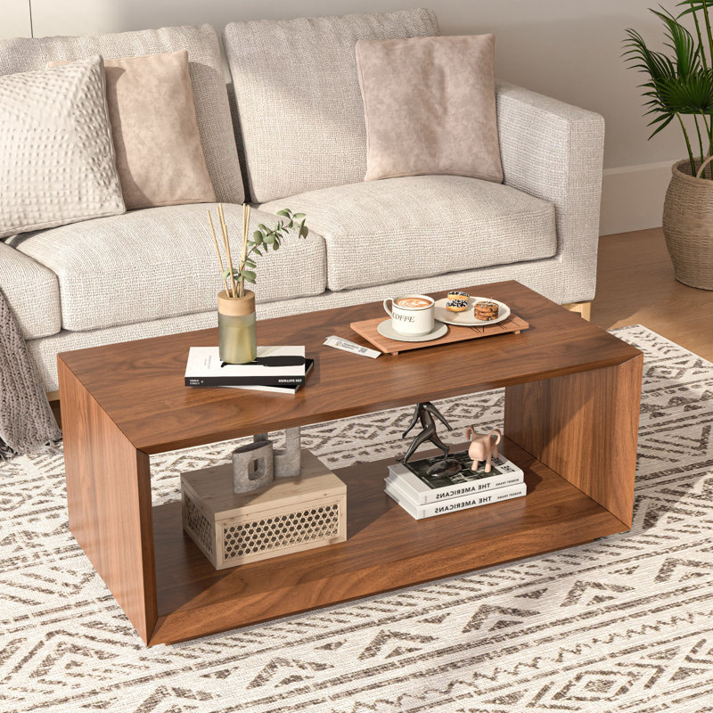 Rectangular Coffee Table With Storage For Living Room, Small Spaces, Walnut