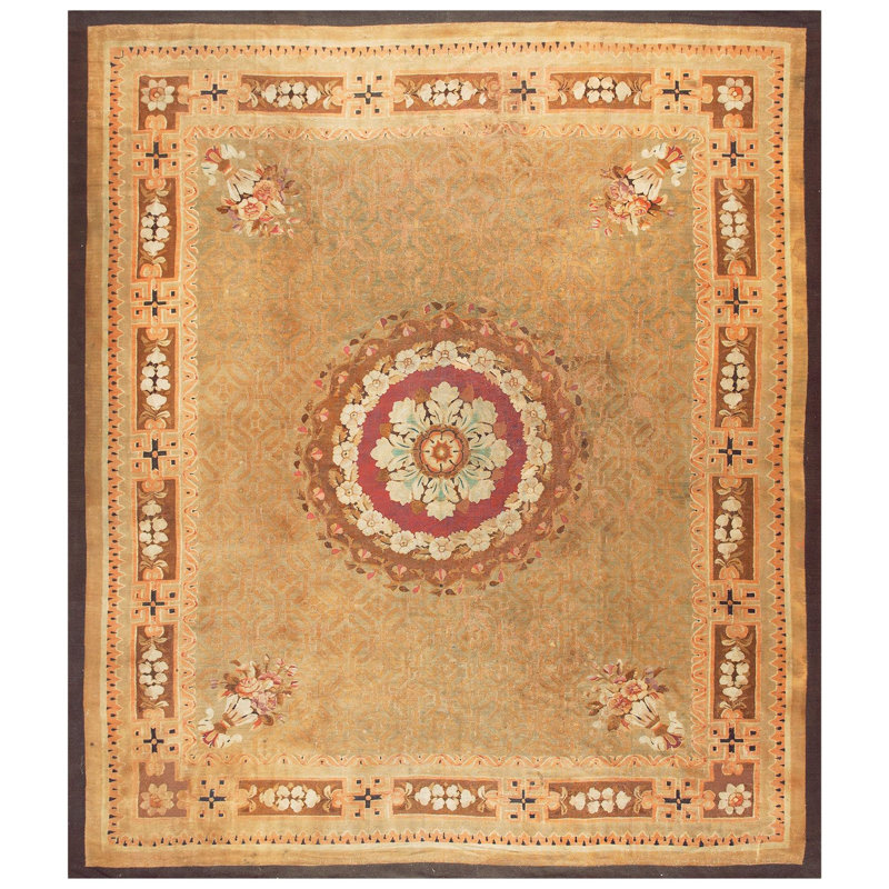 Tapis brun antique en laine des années 1820 d'époque Empire français 11 pi x 12 pi 10 po