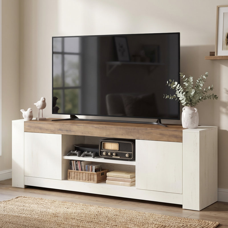Meuble télé pour téléviseur de 75 po ou moins avec armoires de rangement, centre de divertissement de ferme, Blanc / Brun