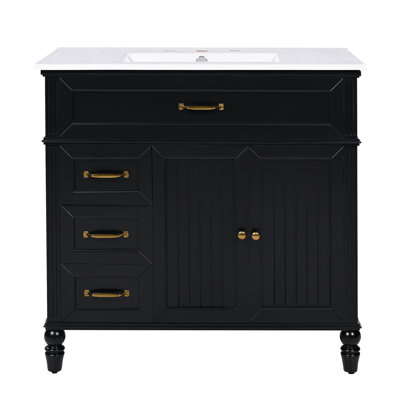 Meuble-lavabo 36 po avec lavabo, armoire de salle de bain noire avec tiroirs, cadre solide et panneau de fibres à densité moyenne, un paquet