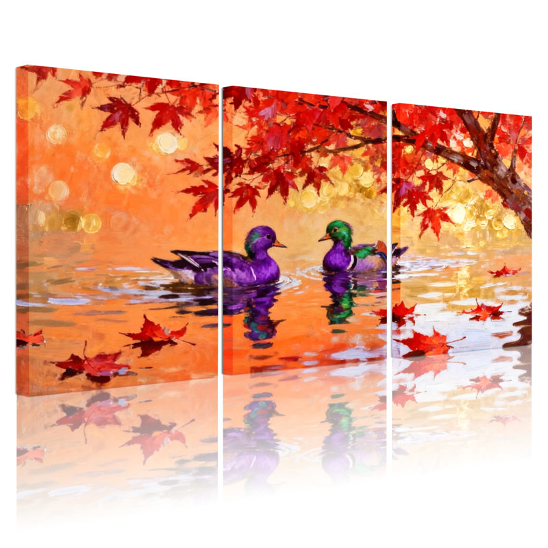«Birds Autumn Leaves Ducks Water Reflections», ensemble de 3 impressions sur toile, H 18 po x l 36 po