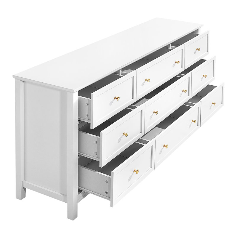 9 Drawer Dresser, Wooden Chest of Drawers with Sliding and Anti-tip Device, Retro Minimalist Dresser Chest, Closet Storage TV Stand Organizer for Living Room, Hallway, Bedroom, Entryway, White
