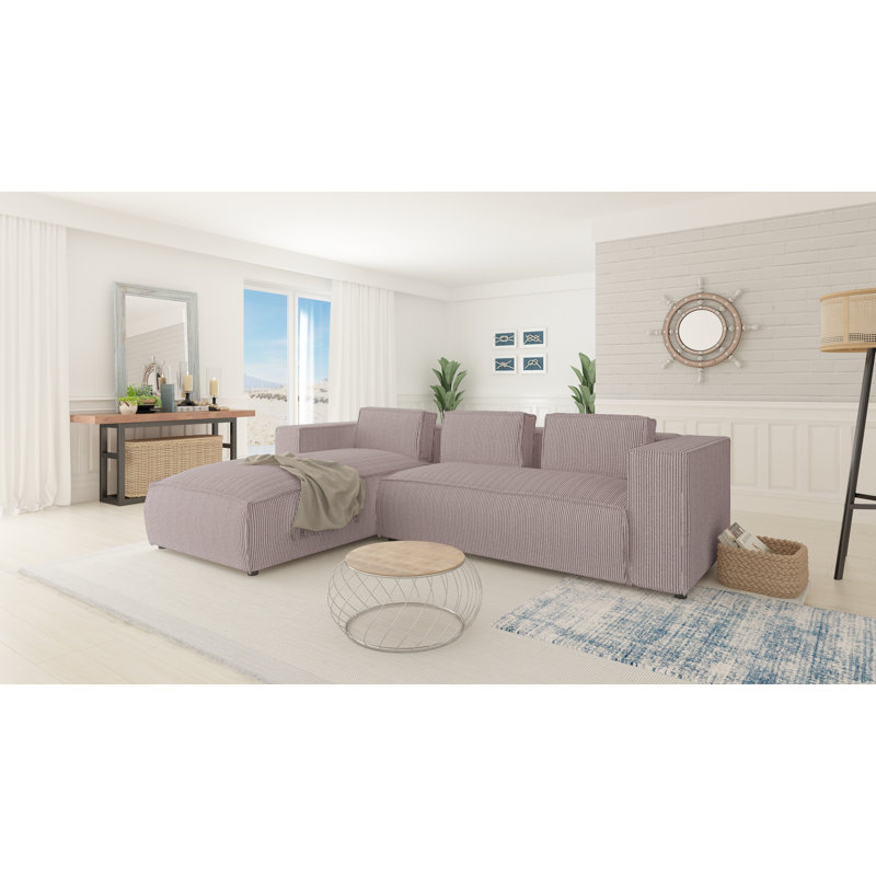 Modern L-Shape Corner Sofa  Made of Cord with Soft Seat, Left Hand Facing, Powder Pink