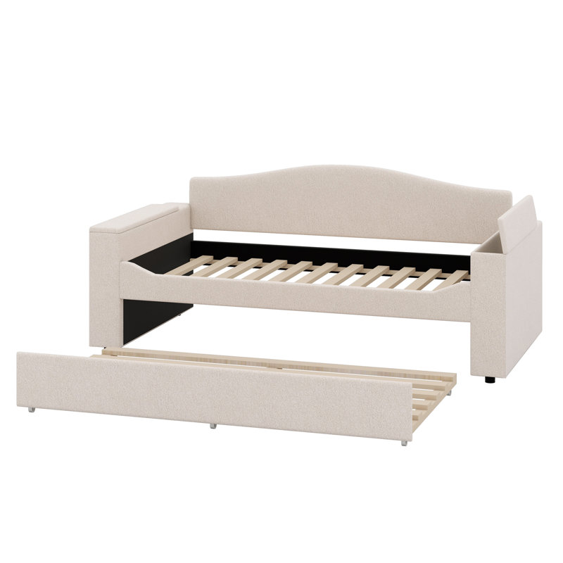 Upholstered Daybed With Storage Armrests,Trundle And Latest Integrated Bluetooth Audio System., Beige