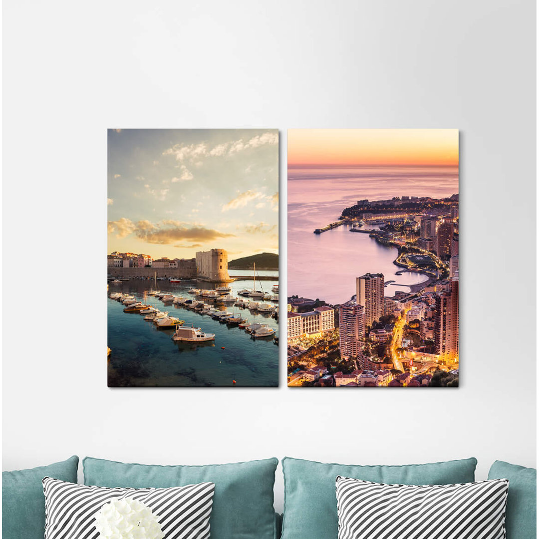 2-tlg. Leinwandbilder-Set - Fotografie „Monte Carlo Monaco Luxury Sea Boats Dusk Twilight Vacation”