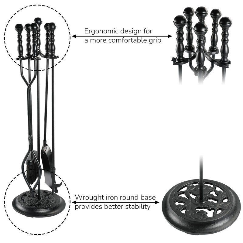 Ensemble 5 pièces d'outils de foyer en fer forgé avec poignée Ensemble d'outils durable et support pour foyer extérieur (noir)