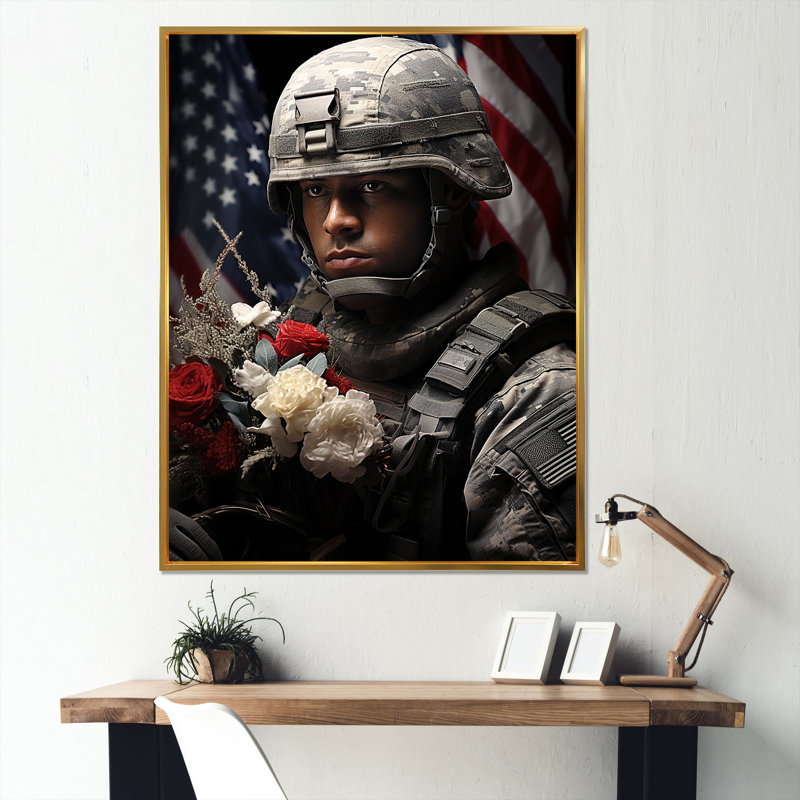 «Military Patriot Solider USA», impression sur toile, Cadre flottant doré, H 44 po x l 34 po x P 1,5 po