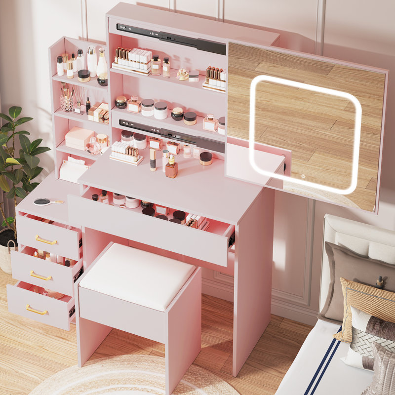 Ensemble de coiffeuse avec miroir coulissant et éclairage intégré pour la chambre à coucher et le vestiaire, Pink