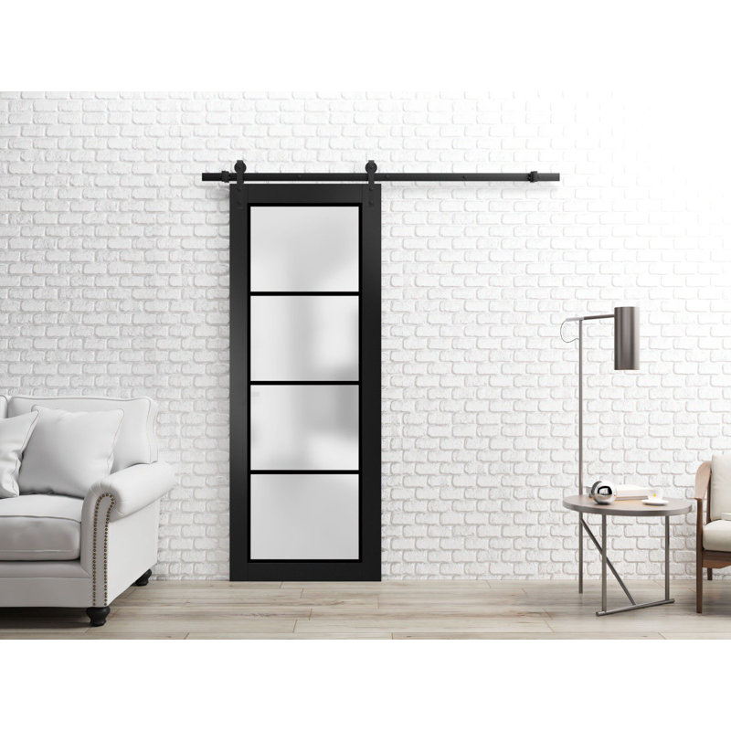 Sturdy Barn Door Frosted Tempered Glass | Planum 2132 | 6.6FT Black Rail Hangers Heavy Hardware Set | Modern Solid Panel Interior Doors-Black Rail