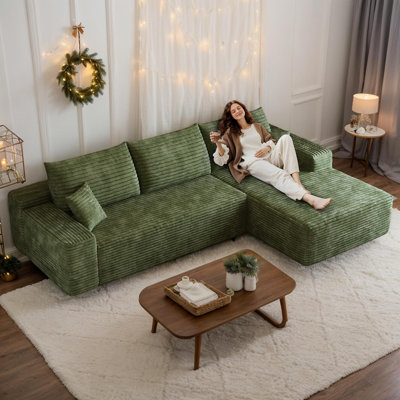 Très grand canapé modulaire en velours côtelé désossé, canapé modulaire en forme de L de L 108 po avec méridienne / repose-pieds, aucun assemblage requis, fauteuils de compression pour le salon (noir, 3 places + méridienne droite)