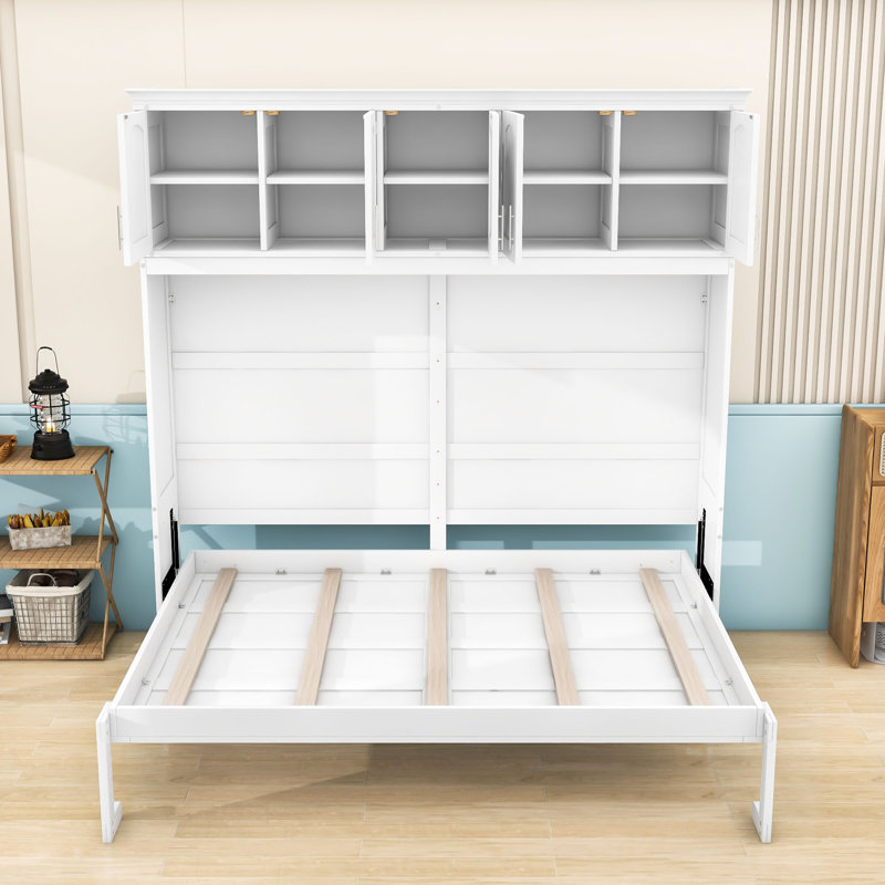 Lit escamotable en bois avec armoires supérieures, conception pliable peu encombrante, Blanc, Grand lit