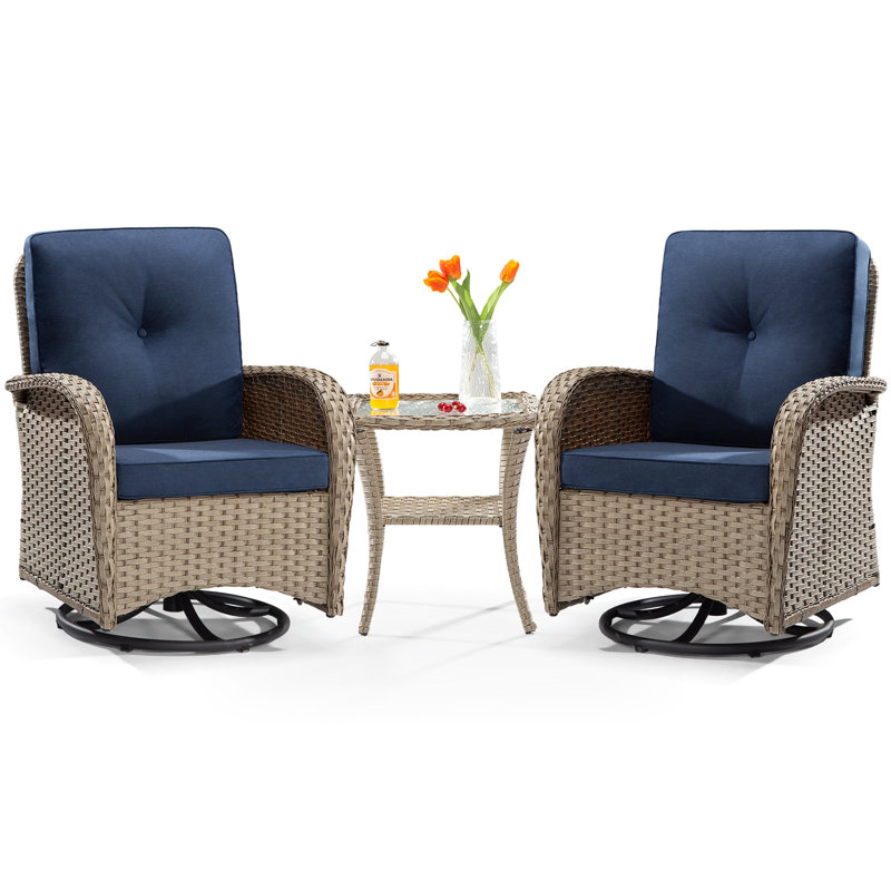 Chaises pivotantes d'extérieur avec coussins 3 pièces Maximos, Bleu marine, Naturel