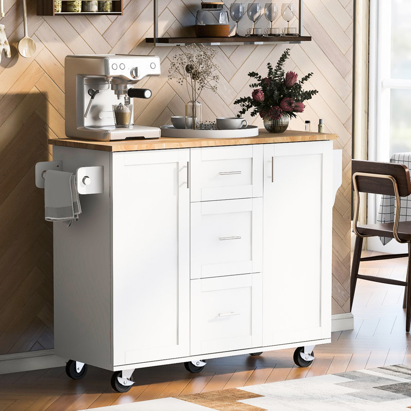 European Style Kitchen Island With Shelves - 3 Drawers, 2 Slide-Out Shelves, White, Rubber Wood Top, , Stylish Organization, 17"D X 50"W White On Wheels Tower Rack Drawer, Shelf, Internal Rack, Wood,