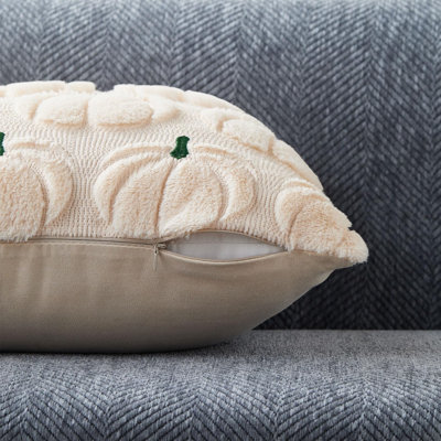 Housses de coussin d'automne 50x50 cm (lot de 2) beige et vert citrouille, décorations automnales. Ensemble de 2 housses de coussin décoratives douces en fausse fourrure et laine pour canapé, fauteuil, chambre, salon et décoration intérieure.