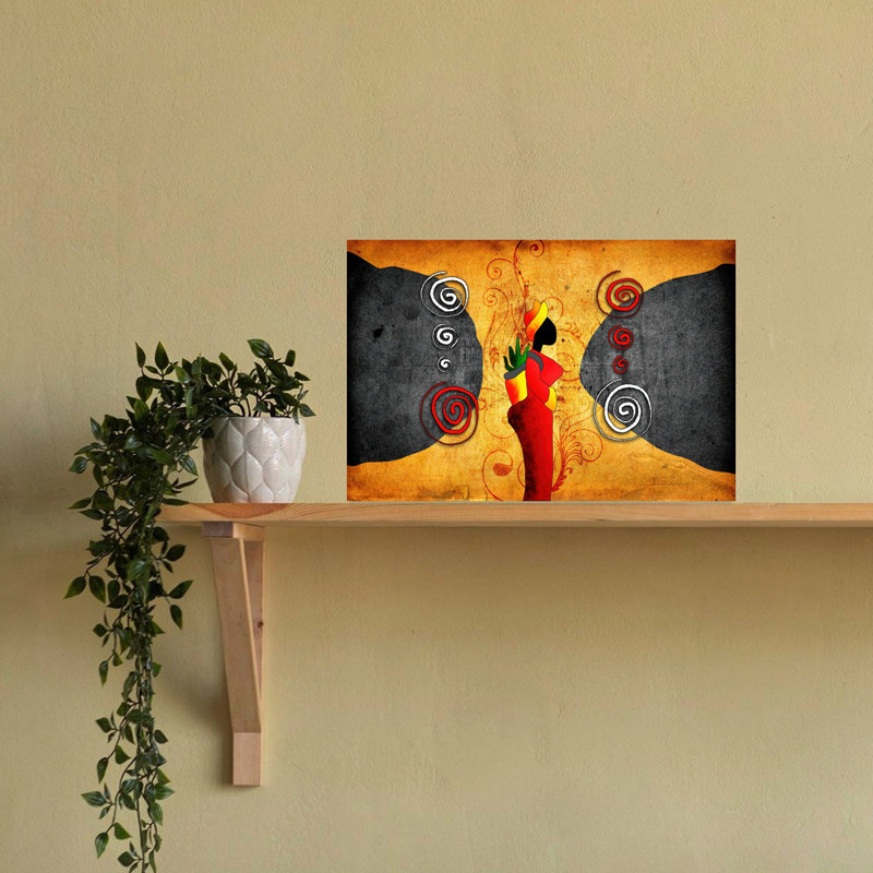 Femme africaine et spirales abstraites, art mural traditionnel rustique, 16" H x 24" W