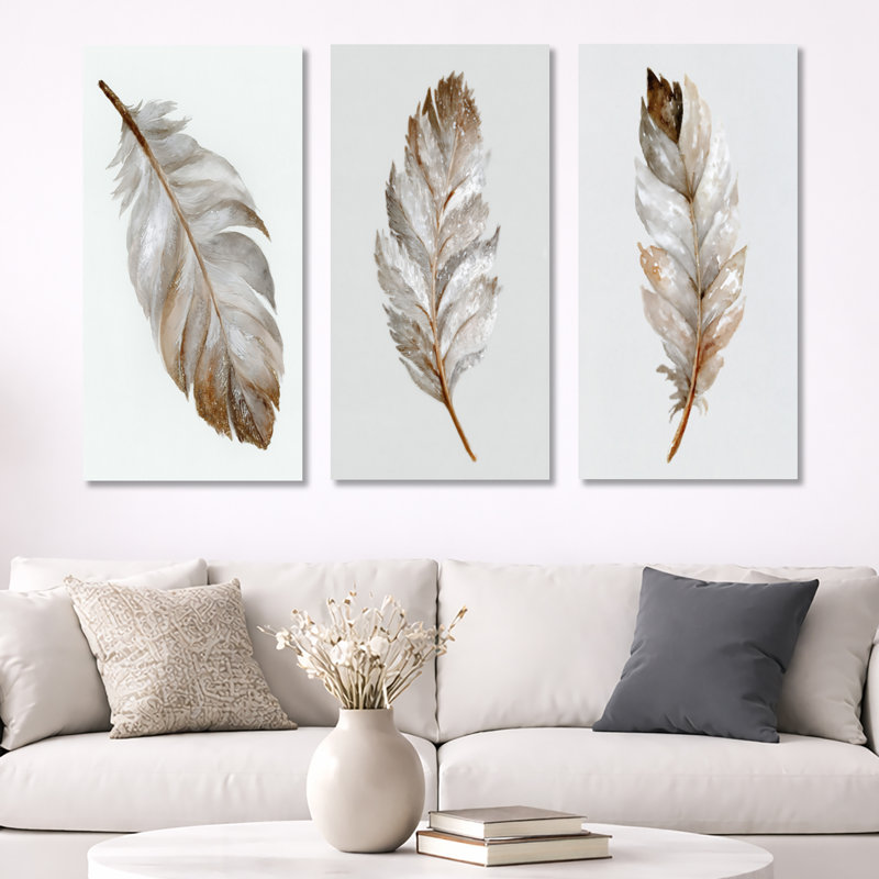«Brown Watercolor Feather Elegance», art mural encadré 3 panneaux Glam, Wrapped Canvas, 32" H x 48" W