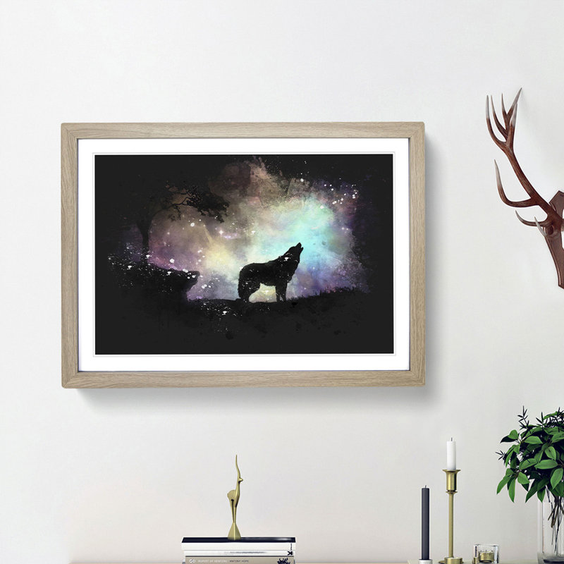 Howling Wolf with a Galaxy Forest - Picture Frame Graphic Art Print, Oak Framed, 60cm H x 91cm W x 2cm D