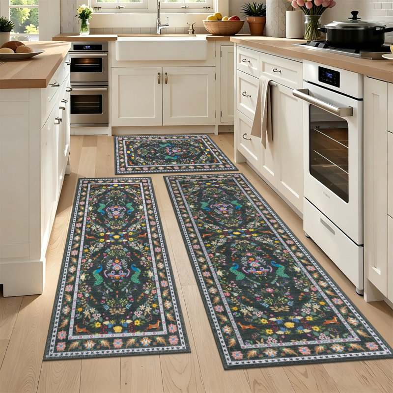 Machine Washable Non-Slip Kitchen Mat, Green/Beige/Gray