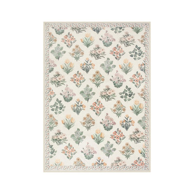 Cream Pink Floral Botanical 5 × 7 Ft Rug for Living Room Kitchen