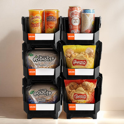Bacs de rangement en plastique empilables, 14,8 x 8,5 x 7,1 pouces (paquet de 6), contenants en plastique pour organiser et bacs de rangement pour placard, garage, petites pièces, fournitures de bureau et autres accessoires, noir