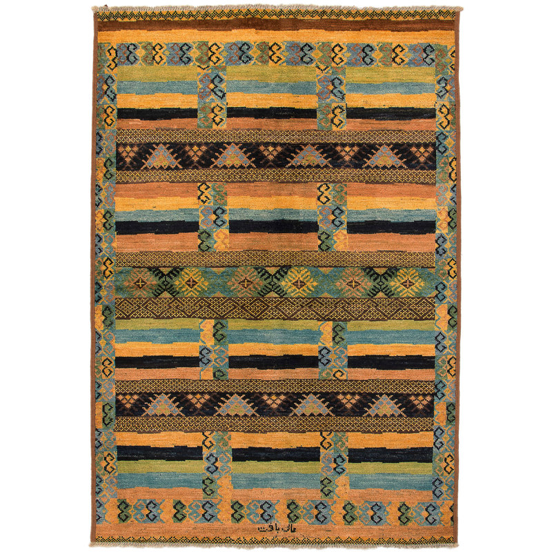 Tapis unique en laine noué à la main brun / bleu / jaune 6 pi 5 po x 9 pi 5 po Architha