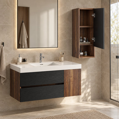 Meuble de rangement mural suspendu étroit de 30,5 cm (12 po) de largeur, monobloc, avec porte à fermeture douce et tablette ouverte, noir et noyer