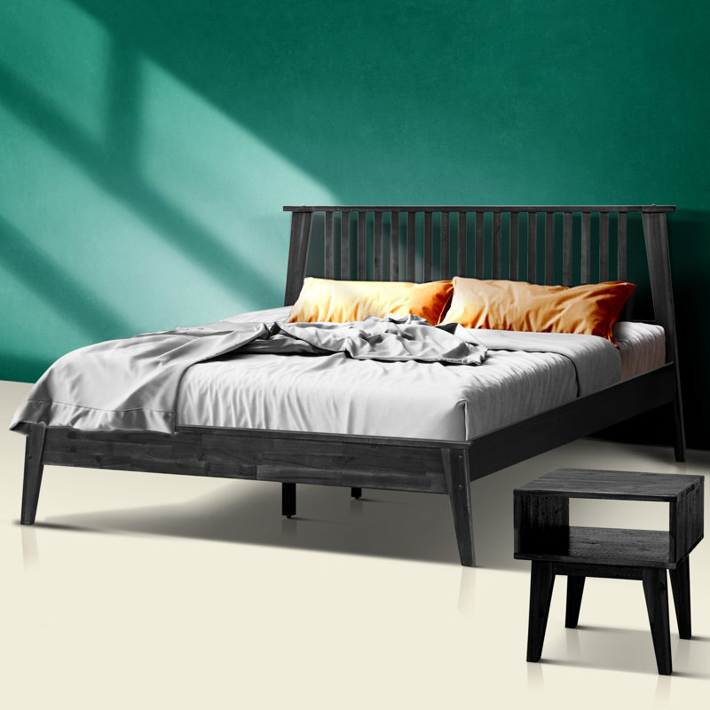 Base de lit plateforme en bois massif Kaylin et table de chevet assortie, style scandinave rustique, capacité de 800 lb, sans sommier, facile à assembler