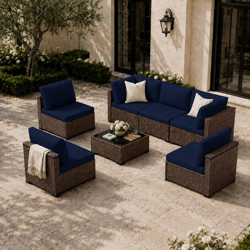 Ensemble de conversation d'extérieur en rotin pour patio avec coussins 7 pièces - brun / bleu marine, Brown/Navy
