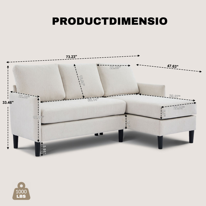 Upholstered  Sectional Sofa With Chaise, Beige Linen Blend