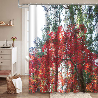 Japan Autumn Colorful Tree Branch Shower Curtain with 12 Hooks