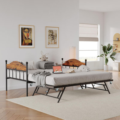  Lit de jour simple avec lit gigogne escamotable - Canapé-lit à structure en métal avec tête de lit, lattes en acier robustes pour le salon, la chambre d'amis et la chambre à coucher, convertible brun peu encombrant