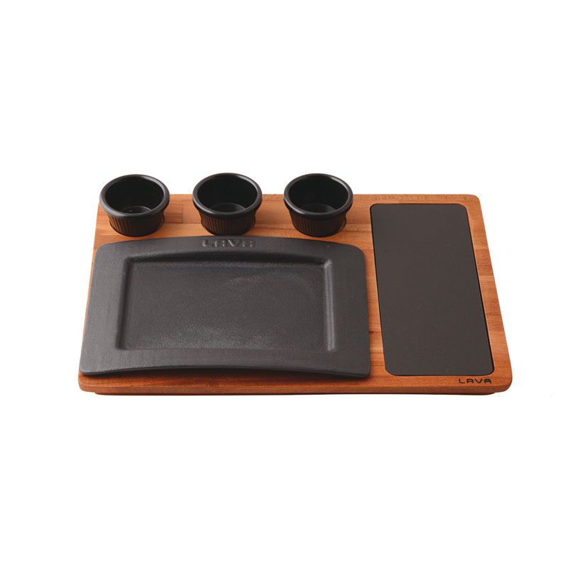 Plat de service rectangulaire en fonte émaillée 8 po x 11 po Lava, plat avec plateau de service en bois de hêtre - noir