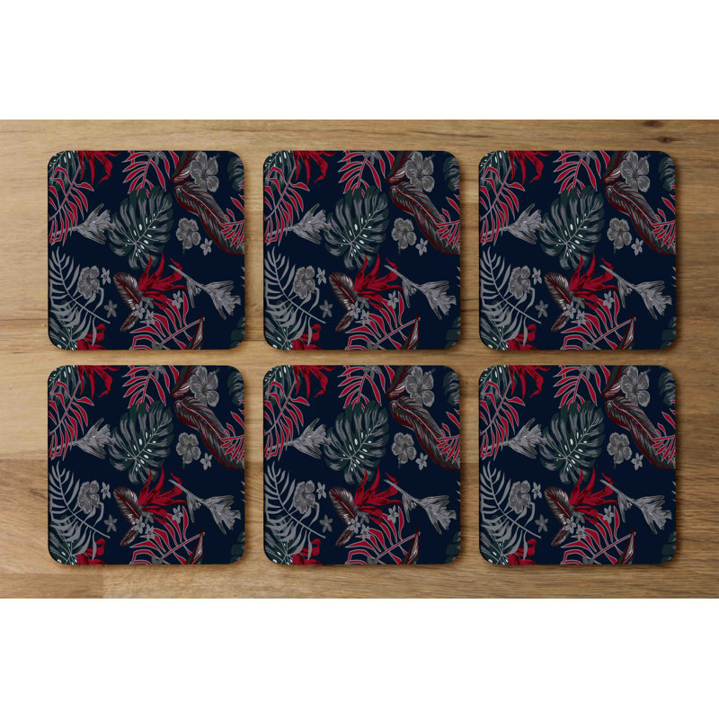 Square 6 Piece Coaster Set, Red/Black Flower