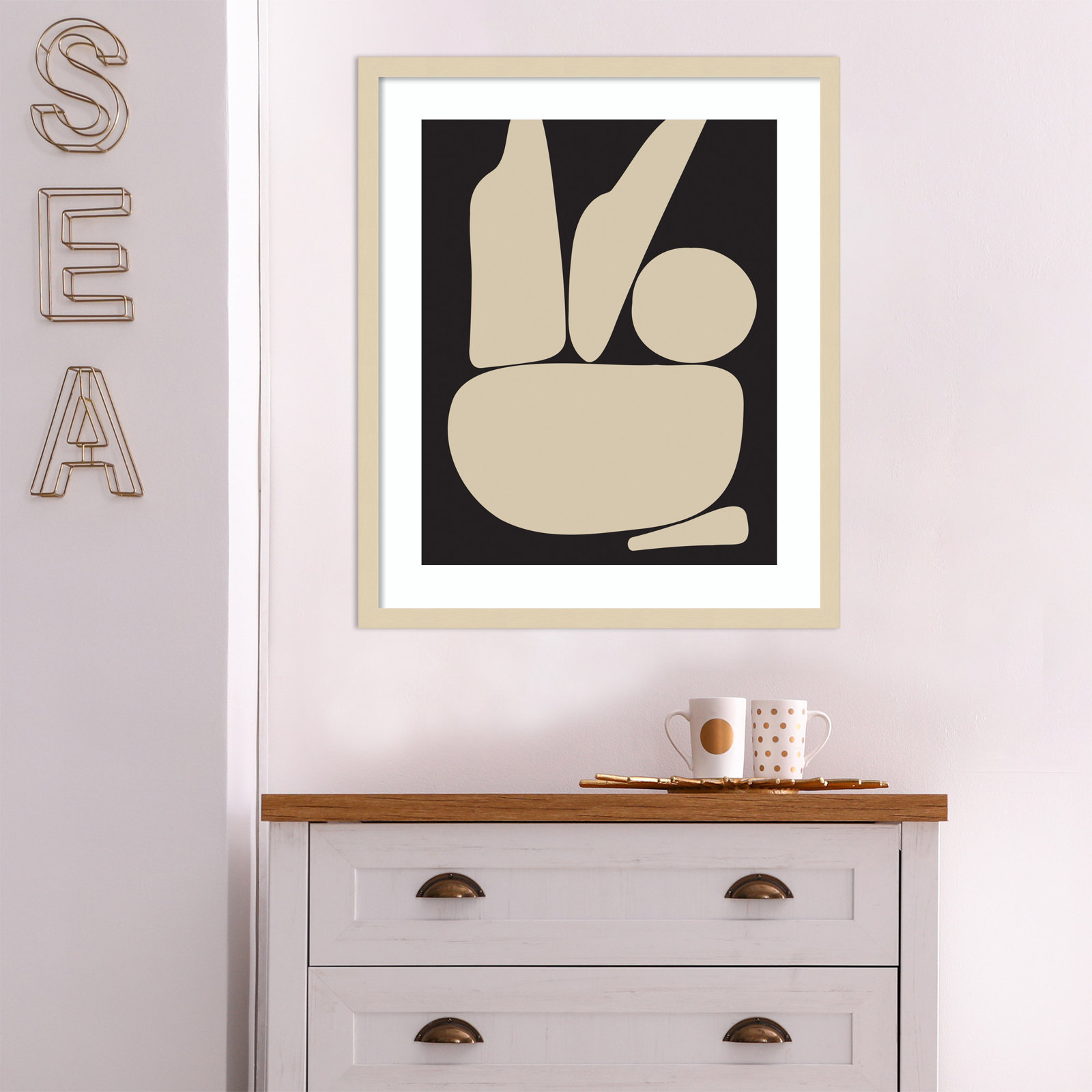 Zen Rock Garden Black and Tan Print, Brown Framed, 25" H x 21" W