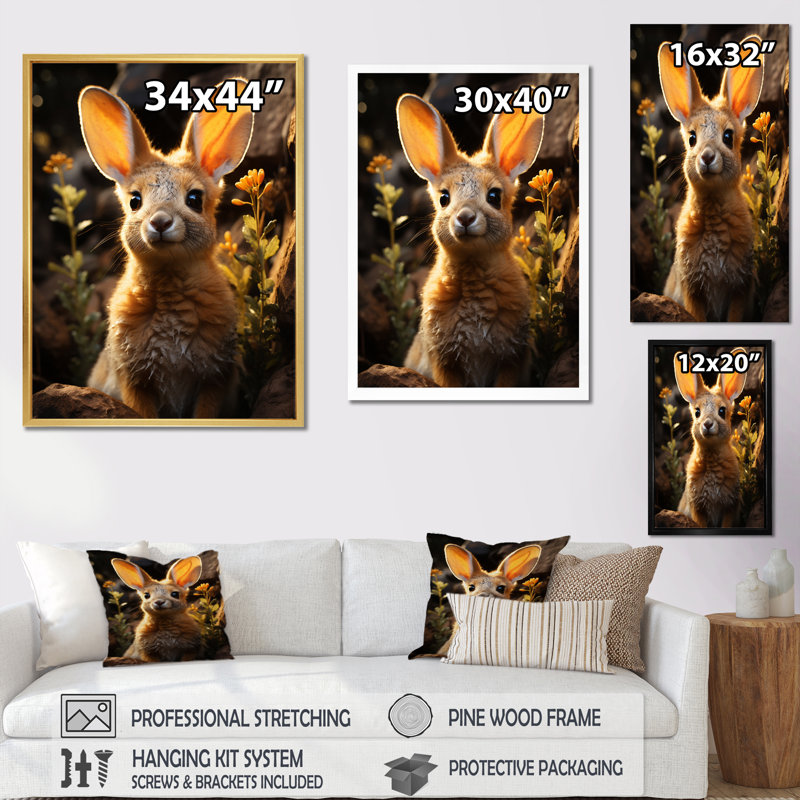 Mignon portrait de kangourou I - animaux, art mural dans le salon, Encadrement doré, H 20 po x l 12 po x P 1 po