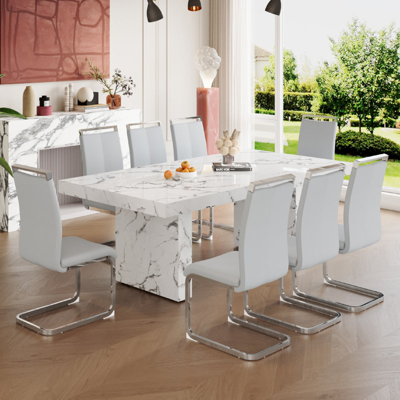 Ensemble de table de salle à manger en marbre pour 8 personnes, Gris clair, 9 pièces : table, 8 chaises