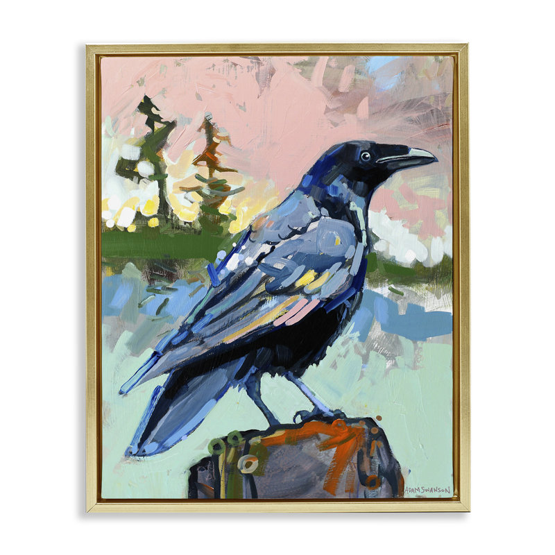  Art moderne sur toile flottant encadré, "Modern Crow" par Adam Swanson, H 31 po x l 25 po, Cadre flottant métallique doré