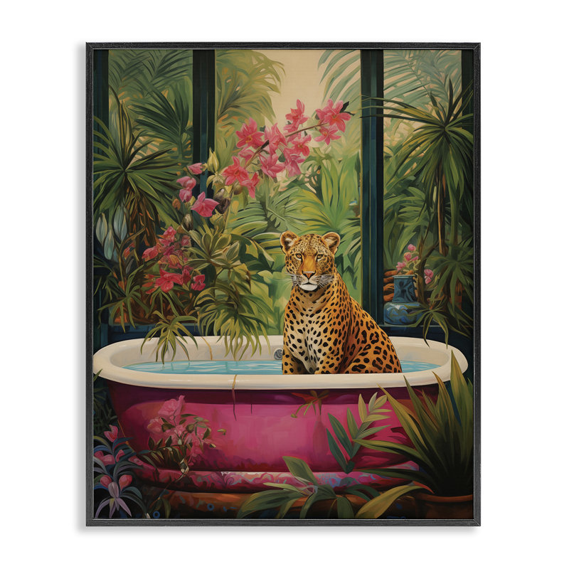 Léopard dans une baignoire tropicale luxuriante, estampe numérique, design par Heidi Kuntz, H 30 po x l 24 po