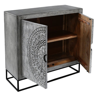 Zera 39 Inch Handcrafted Accent Cabinet with 2 Doors, Medallion Engraved, Sandblasted Grey Mango Wood, Black Iron Framed Stand