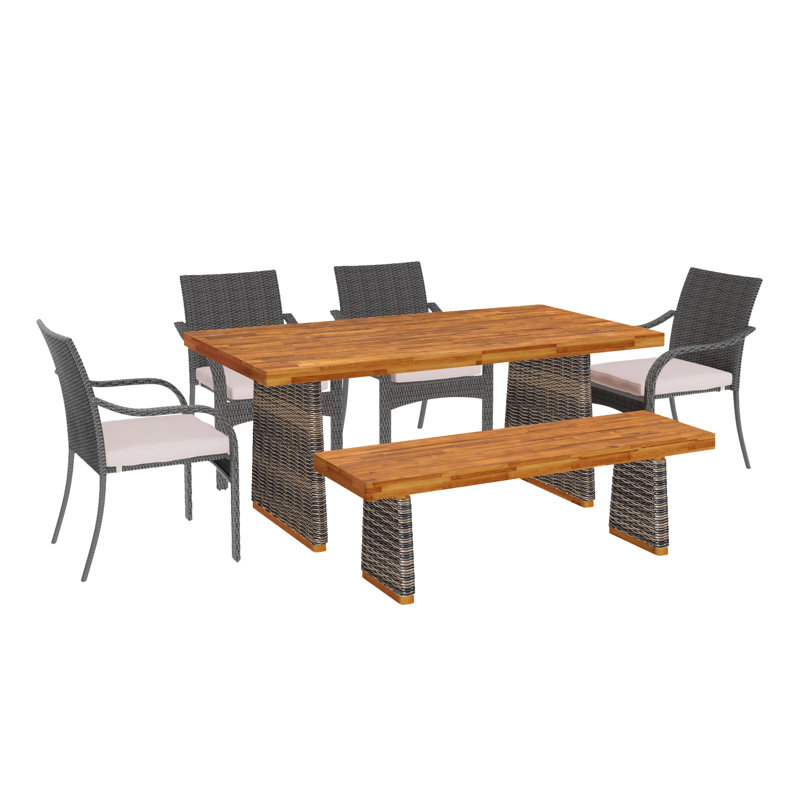 Ensemble repas d'extérieur en bois d'acacia avec chaise empilable en rotin PE, gris