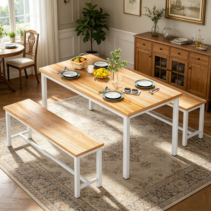 Ensemble de table de salle à manger 3 pièces de style campagnard avec 2 bancs assortis, table de salle à manger rectangulaire en bois avec structure en métal et petit coin-repas